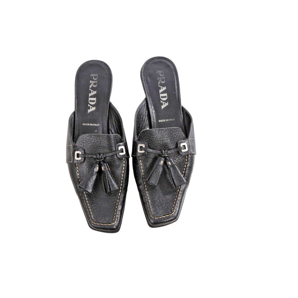 Vintage Prada Black Pebbled Leather Square Toe Mules Size 36 - Picture 1 of 14